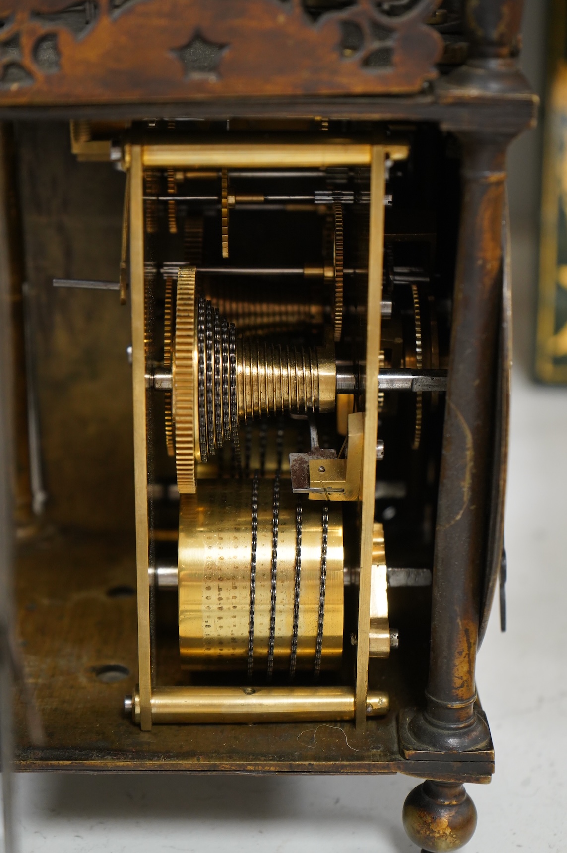 A 19th century brass lantern clock with engraved dial, twin fusee movement pendulum and key, 39cm high